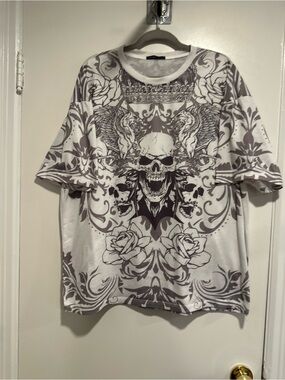 ROMWE Goth Skull AOP Print Tee Sz: XXL bold winged crown floral scrollwork Y2K.